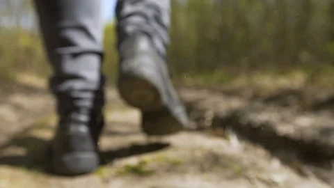 Hiking in the bright spring forest. Shoes close-up gimbal, smooth 4K shot. Stock Footage 128507516