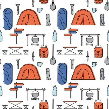 Hiking bundle seamless pattern. Collection of items for hiking tourism repeat Stock Illustration