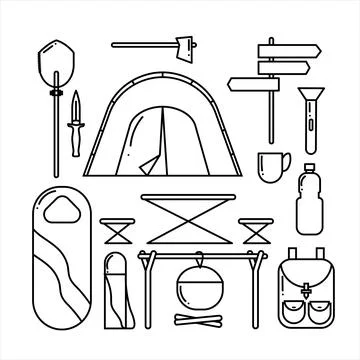 Hiking bundle set in linear style. Collection items for hiking tourism. Isola Stock Illustration