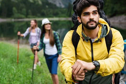 Hiking camping backpacker outdoor journey travel trekking concept Stock Photos