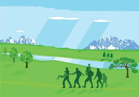 Hiking with Children Stock Illustration