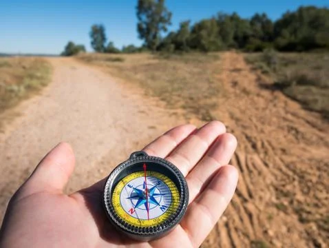 Hiking with compass Stock Photos