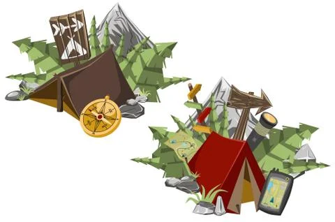 Hiking composition in isometric elments Stock Illustration