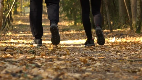 A hiking couple walks down a path through a forest on a sunny day - rear closeup Video stock 109435153