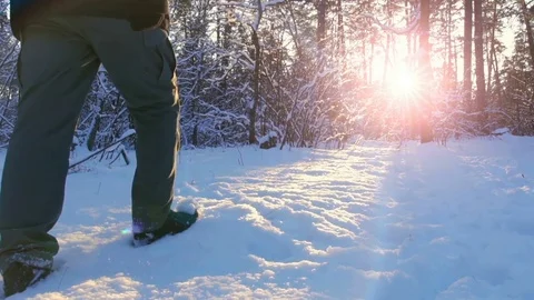Hiking in the deep snow in winter. Close-up of feet walking in snowy forest Stock Footage 84949031