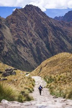 Hiking down from Dead Womans Pass 5,200m summit, Inca Trail Trek day 2, Cusco Stock Photos