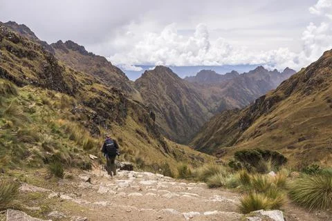 Hiking down from Dead Womans Pass 5,200m summit, Inca Trail Trek day 2, Cusco Stock Photos