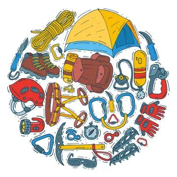 Hiking equipment circle vector set illustration. Mountain climbing, alpinism and Stock Illustration