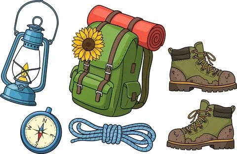 Hiking gear featuring a green backpack with a sunflower and rolled sleeping p Stock Illustration
