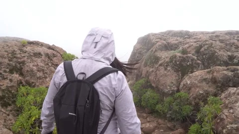 Hiking group ascend to Roque Nublo in a misty morning with fog 스톡 동영상 231789835