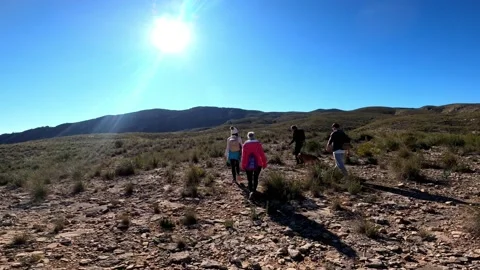 Hiking group walking through path in mountain top against beautiful landscape Stock Footage 146363783