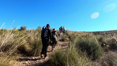 Hiking group walking through path in mountain top against beautiful landscape Stock Footage 146363824
