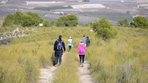 Hiking group walking through path in mountain top against beautiful landscape 스톡 동영상 146363907