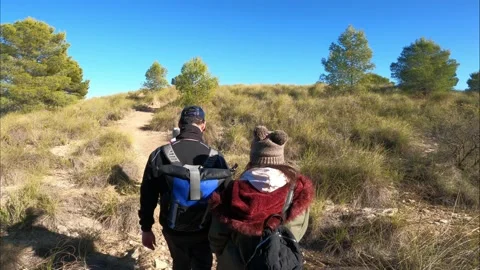 Hiking group walking through path in mountain top against beautiful landscape Stock Footage 146364054
