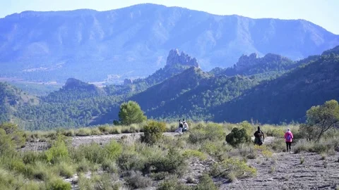 Hiking group walking through path in mountain top against beautiful landscape Stock Footage 146544431