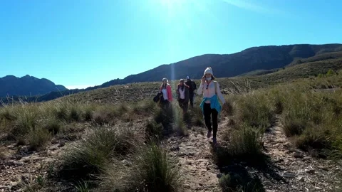 Hiking group walking through path in mountain top against beautiful landscape Stock Footage 146544459