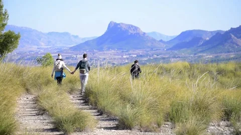 Hiking group walking through path in mountain top against beautiful landscape Stock-Footage 146544475