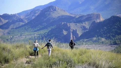 Hiking group walking through path in mountain top against beautiful landscape Stock Footage 146621648