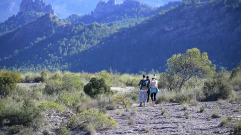 Hiking group walking through path in mountain top against beautiful landscape Vídeos de archivo 148502465