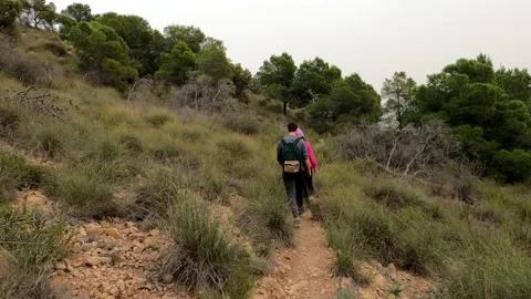 Hiking group walking through path in mountain top against beautiful landscape Stock-Footage 151264289