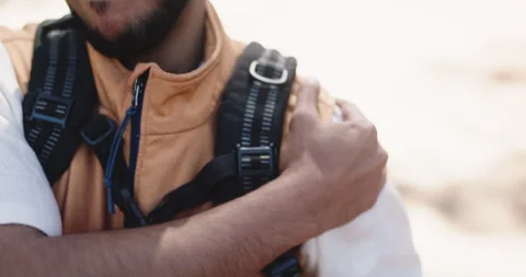 Hiking, hand or man in forest, shoulder pain or countryside with osteoporosis. Stock Footage 325834330