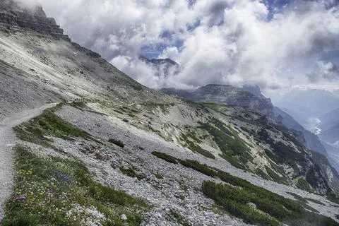 Hiking to the iconic Tre Cime di Lavaredo mountains, Italy Stock Photos