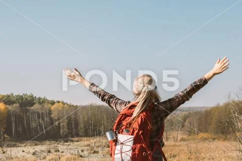Hiking journey lady autumn nature landscape scene Stock Photos