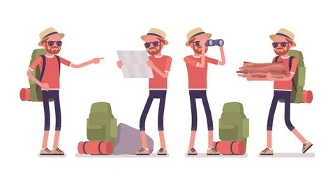 Hiking man exploring route Stock Illustration