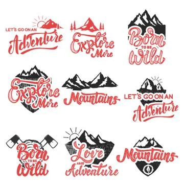 Hiking, mountain exploration emblems. Handwritten lettering logo Ilustração Stock