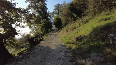 Hiking up a mountain path, sunny day Stock Footage 164334428
