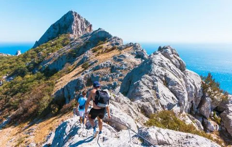 ,Hiking in the mountains,active recreation Stock Illustration