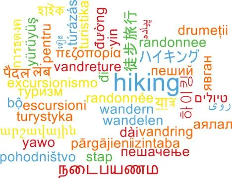 Hiking multilanguage wordcloud background concept Stock Illustration