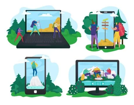 Hiking outdoor at screen cartoon app, vector illustration. People character Stock Illustration