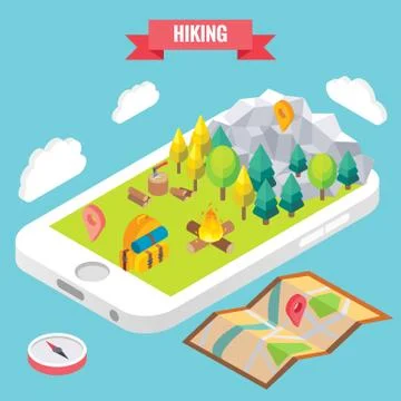 Hiking in a park isometric objects on mobile phone screen. Vector illustration Ilustração Stock