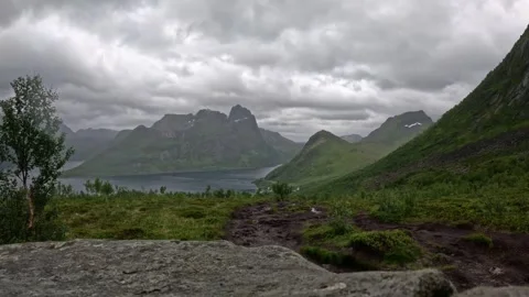 Hiking path and rocky foreground overlooking fjord and village in Senja Norway Stock-Footage 342059399