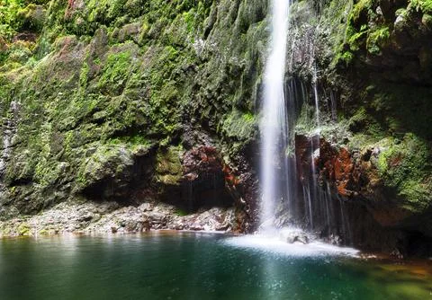 Hiking path with forest in Levada do Caldeirao Verde waterfall Trail - trop.. Stock Photos