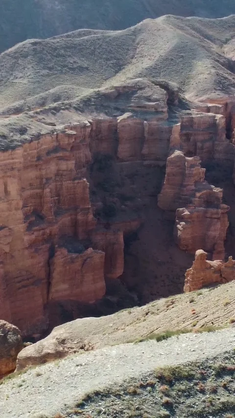 Hiking path on a mountain ridge, Martian Charyn Canyon, Kazakhstan Stock Footage 336693006