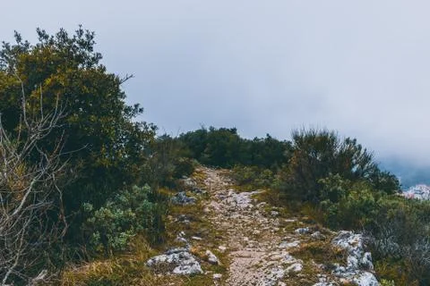 A hiking path on top of a mountain range under a cloud on a foggy morning in  Stock Photos
