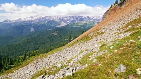 Hiking the Pinnacle Peak Trail in Mount Rainier National Park with stunning moun Stock Footage 332138701