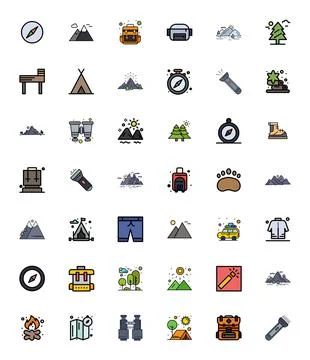 Hiking Professional Vector Set with 42 Line Filled Pixel Optimized High Res.. Stock Illustration