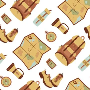 Hiking seamless pattern. Tourist bundle sketch. A set of items for the hike. Stock Illustration