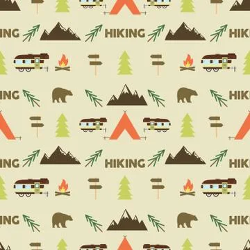 Hiking seamless pattern. trail wallpaper design. Equipment for outdoor walking Stock-Illustration