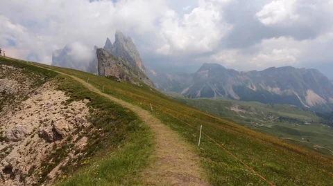 Hiking on Seceda Alpine Mountain Stock Footage 115758739