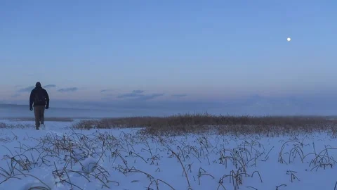 Hiking In The Snow Under The Moon Stock Footage 218642770