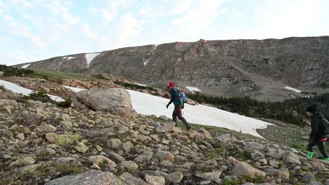 Hiking up Steep Alpine Terrain Stock Footage 157075794
