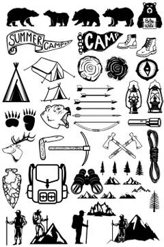 Hiking, summer camp emblems and design elements. Mountains, bears, tourists, Stockillustratie