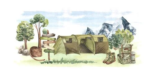 Hiking Tent in the forest mountains park. Camping concept hiking boots, rope Stock Illustration