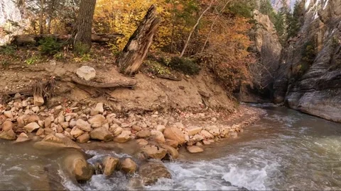 Hiking through a High Flow section of the Upper Narrows in Zion, Top-Down Trail Stock Footage 278195437