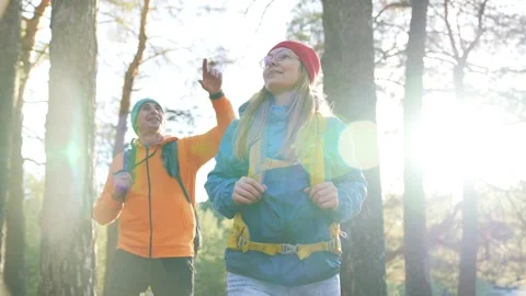 Hiking through pine forest with backpack hikers wearing jackets and beanies walk Stock Footage 317165604