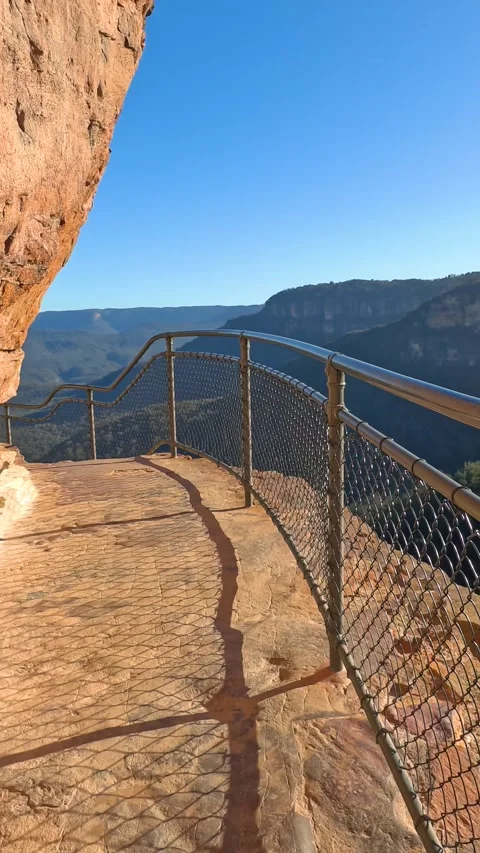 Hiking Trail Along Sandstone Cliffs at Wentworth Falls Blue Mountains Stock Footage 344517220